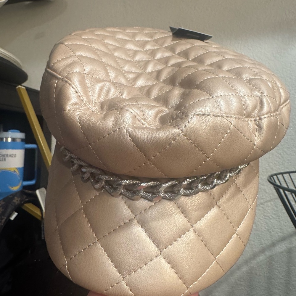 Quilted Beige Cap with Silver Chain